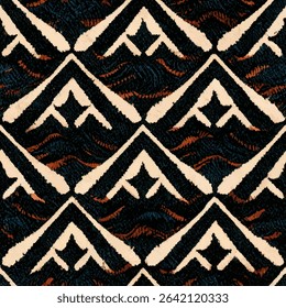 Black and white triangles, a woven fabric  grunge lines ikat pattern, ikat seamless pattern, Vector illustration background for print the paper.