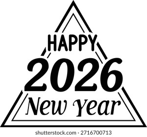Un diseño de logotipo triangular en blanco y negro para las celebraciones del Feliz Año Nuevo 2026