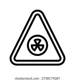 A black and white triangular warning sign featuring the universal symbol for radiation.  Nuclear and Radiation Single Line Icon.