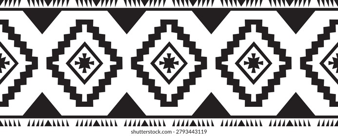 Black and white tribal border seamless pattern vector illustration. Modern geometric aztec navajo horizontal repeat design with stepped diamond motifs, perfect for monochrome boho textile, ribbon, tape, fabric, and home decor frame.