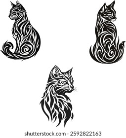 Black and white tribal cat illustrations featuring intricate swirling patterns and stylized feline silhouettes. The artistic design includes ornate line work and symmetrical motifs.