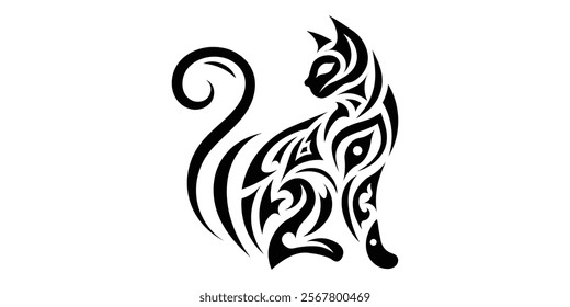 Black and white tribal cat tattoo design