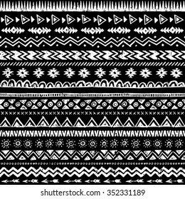 black and white tribal doodle seamless pattern. aztec grunge abstract geometric art print. ethnic hipster backdrop. Wallpaper, cloth design, fabric, paper, wrapping, postcards, textile. hand drawn.  
