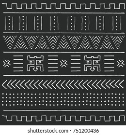 Black and white tribal ethnic pattern with geometric elements, traditional African mud cloth, tribal design, vector illustration