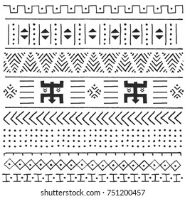 Black and white tribal ethnic pattern with geometric elements, traditional African mud cloth, tribal design, vector illustration