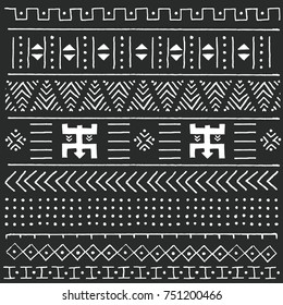 Black and white tribal ethnic pattern with geometric elements, traditional African mud cloth, tribal design, vector illustration