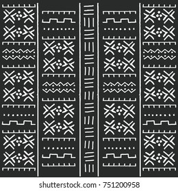 Black and white tribal ethnic pattern with geometric elements, traditional African mud cloth, tribal design, vector illustration