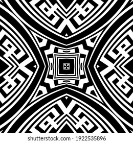 Black and white tribal ethnic seamless pattern. Vector modern background. Geometric greek key, meanders abstract ornament with geometrical shapes, fractals, lines. Ornate repeat symmetric design.