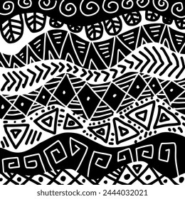 Black and white tribal ethnic seamless pattern. Hand drawn vector illustration.