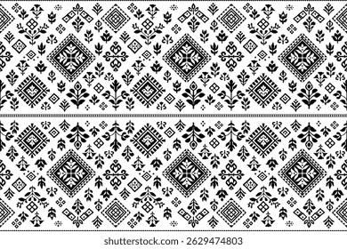 black and white tribal floral pattern inspired by traditional ethnic textile art. This seamless design combines geometric diamond shapes with stylized flowers and foliage, The vector-style boho.