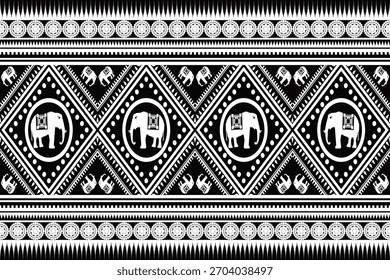 Black and white tribal geometric pattern featuring elephants inside diamond shapes with decorative borders. Seamless ethnic design suitable for fabric, wallpaper, and digital projects.