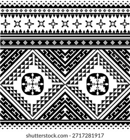 Black and white tribal geometric pattern inspired by ethnic and traditional motifs. Abstract decorative design featuring symmetrical shapes, zigzag lines, and ornamental details. Suitable for textile, fabric, wallpaper, background, packaging, home decor, fashion, and cultural design projects.