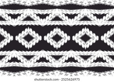 Padrão Ikat tribal preto e branco para moda contemporânea ousada, interiores modernos e artesanato étnico.