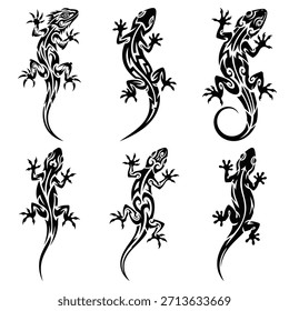 Diseños de lagarto tribal blanco y negro con patrones intrincados y siluetas atrevidas perfectas para el arte del tatuaje, el Diseño gráfico y temas culturales en la marca y la publicidad. Cada lagarto