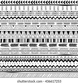 black and white tribal Navajo vector seamless pattern with doodle elements. aztec abstract geometric art print. ethnic hipster backdrop. Wallpaper, cloth design, fabric, paper, textile. Hand drawn