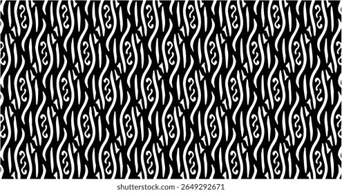 Black and white tribal pattern with dense curved vertical lines, creating a rich and complex ornamental effect.