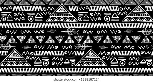 Black and white tribal pattern seamless drawing geometric abstract background for fashion textile print.