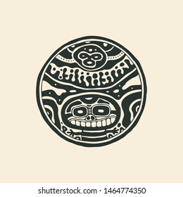 Black and white tribal round decorative symbol. Ethnic ornamental hand drawn backdrop. Vector illustration.