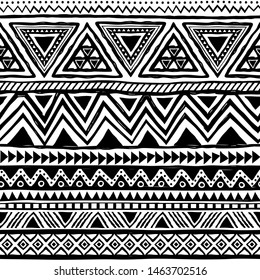 Black and white tribal seamless pattern. Aztec ethnic geometric print. Native American backdrop. Vector