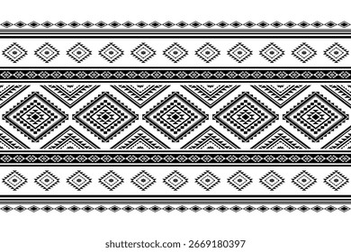 Patrón tribal sin fisuras en blanco y negro con Formas de diamantes geométricos y diseño textil étnico. Borde decorativo tradicional inspirado en el arte popular, perfecto para impresiones de tela, Fondo de pantalla, digital 
