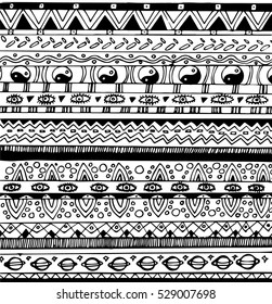 Black and white tribal seamless pattern.Hand drawn boho background.Page borders. Vector