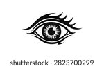 Black and white tribal style human eye illustration featuring sharp curved lashes and detailed iris. High contrast graphic vector art isolated on a plain white background.