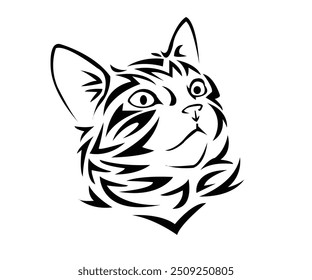 Black and white tribal style illustration of cat's face featuring bold lines and abstract shapes. Design highlights cat's expressive eyes pointed ears and artistic representation. 