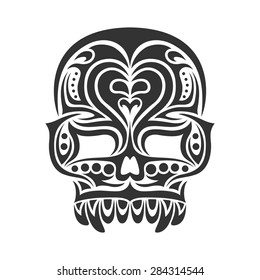 black and white tribal tattoo design of a skull