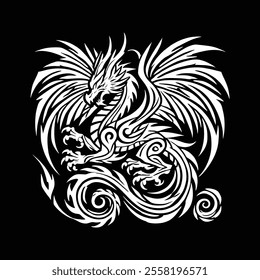 Black and white tribal tattoo designs winged dragon. Black-and-white winged dragon in tribal tattoo style. Winged dragon rendered in bold black-and-white tribal tattoo design.