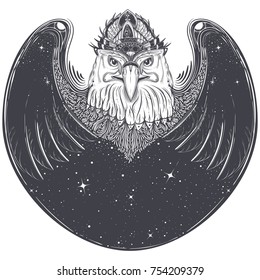 Black white tribal tattoo pattern, sketch abstract eagle head with wings, outer space and stars vector illustration isolated on white background. Predatory bird with pagan ornament, print for T-shirts