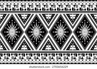 Black and white tribal textile pattern with diamond stars and elephant border motifs. Seamless decorative design ideal for fabric, crafts, wallpaper, and digital backgrounds.