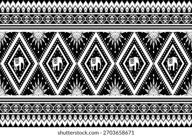 Black and white tribal textile pattern featuring geometric diamond frames, elephant motifs, floral star elements, and decorative borders. Ideal for fabric, wallpaper, and seamless background designs.