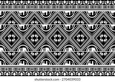 Patrón textil tribal blanco y negro con Formas de diamantes, motivos de elefantes y bordes decorativos. Diseño étnico sin costuras ideal para telas, Fondos de pantalla y fondos digitales.