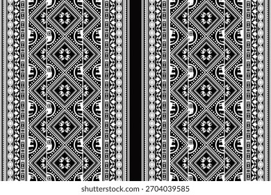 Padrão têxtil tribal preto e branco com diamantes geométricos, bordas decorativas e motivos de elefante estilizado. Design étnico perfeito adequado para tecido, papel de parede e uso digital.