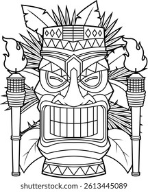Black And White Tribal Tiki Mask With Torches And Leaves - Vector Hand Drawn Illustration Isolated On Transparent Background