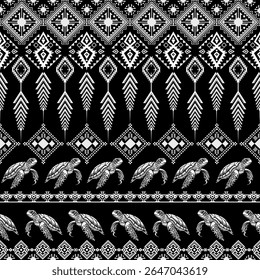 Black and white tribal turtle pattern with geometric stripes. A minimal seamless vector design inspired by ethnic symbolism, ideal for textile prints, wrapping paper, boho crafts
