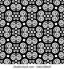 Black and white tribal vector repeat pattern. Ethnic geometric seamless background, boho motif, maya, aztec, African, Indian swirls