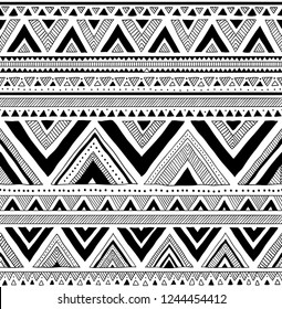 black and white tribal vector seamless pattern with doodle triangles. hand drawn. Wallpaper, cloth design, fabric, tissue, cover, textile template.