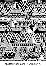 Black and white tribal vector seamless pattern with doodle triangles. Hand drawn. Aztec abstract geometric art print. Ethnic background. Wallpaper, cloth design, fabric, tissue, textile template