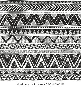 black and white tribal vector seamless pattern with doodle triangles. Aztec fancy abstract geometric art print. hand drawn felt-tip pens. Ethnic background. Wallpaper, cloth design, fabric, tissue