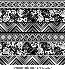 black and white tribal vector seamless pattern with hibiscus flowers and palm leaves. abstract geometric art print. ethnic vector background. Cloth design, fabric, cotton, textile template, tissue