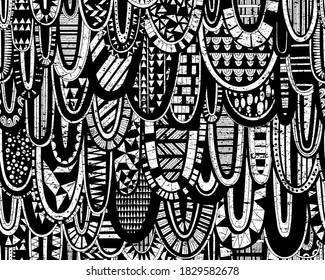Black and white tribal vector seamless pattern with doodle triangles. Hand drawn. Aztec abstract geometric art print. Ethnic background. Wallpaper, cloth design, fabric, tissue, textile template