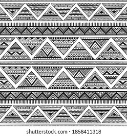 black and white tribal vector seamless pattern with doodle triangles. Aztec fancy abstract geometric art print. hand drawn felt-tip pens. Ethnic background. Wallpaper, cloth design, fabric, tissue