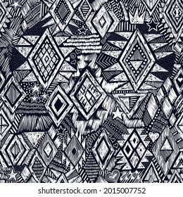 schwarz-weißes Stammvektor nahtloses Muster. aztec fancy abstrakte geometrische Kunstdruck. ethnischer Hintergrund. doodle Hand gezeichnet. 