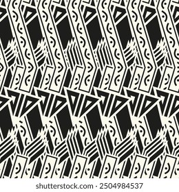 Black and white tribal vector seamless pattern with doodle elements. Aztec abstract geometric art print. Ethnic ornamental hand drawn backdrop.