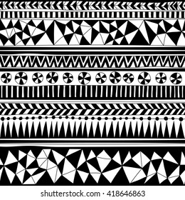 black and white tribal vector seamless pattern with doodle elements. abstract geometric art print. hand drawn