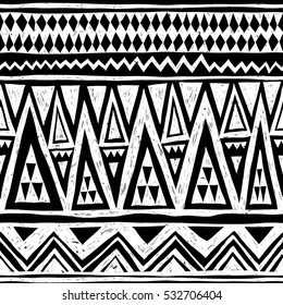 black and white tribal vector seamless pattern with doodle elements. aztec abstract geometric art print. ethnic hipster backdrop. Wallpaper, cloth design, fabric, paper, cover, textile. Hand drawn