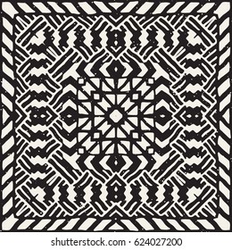 Black and white tribal vector seamless pattern with doodle elements. Aztec abstract geometric art print. Ethnic ornamental hand drawn backdrop.
