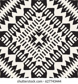 Black and white tribal vector seamless pattern with doodle elements. Aztec abstract geometric art print. Ethnic ornamental hand drawn backdrop.