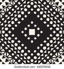 Black and white tribal vector seamless pattern with doodle elements. Aztec abstract geometric art print. Ethnic ornamental hand drawn backdrop.